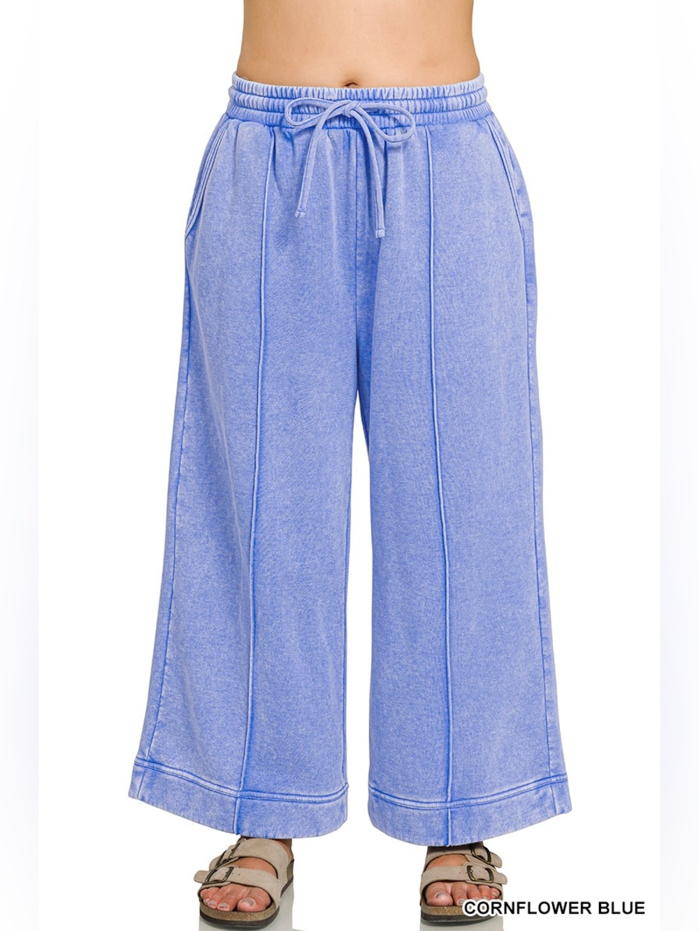 Zenana PLUS Cornflower Blue Acid Washed Fleece Pintuck Wide Leg Cropped Pants